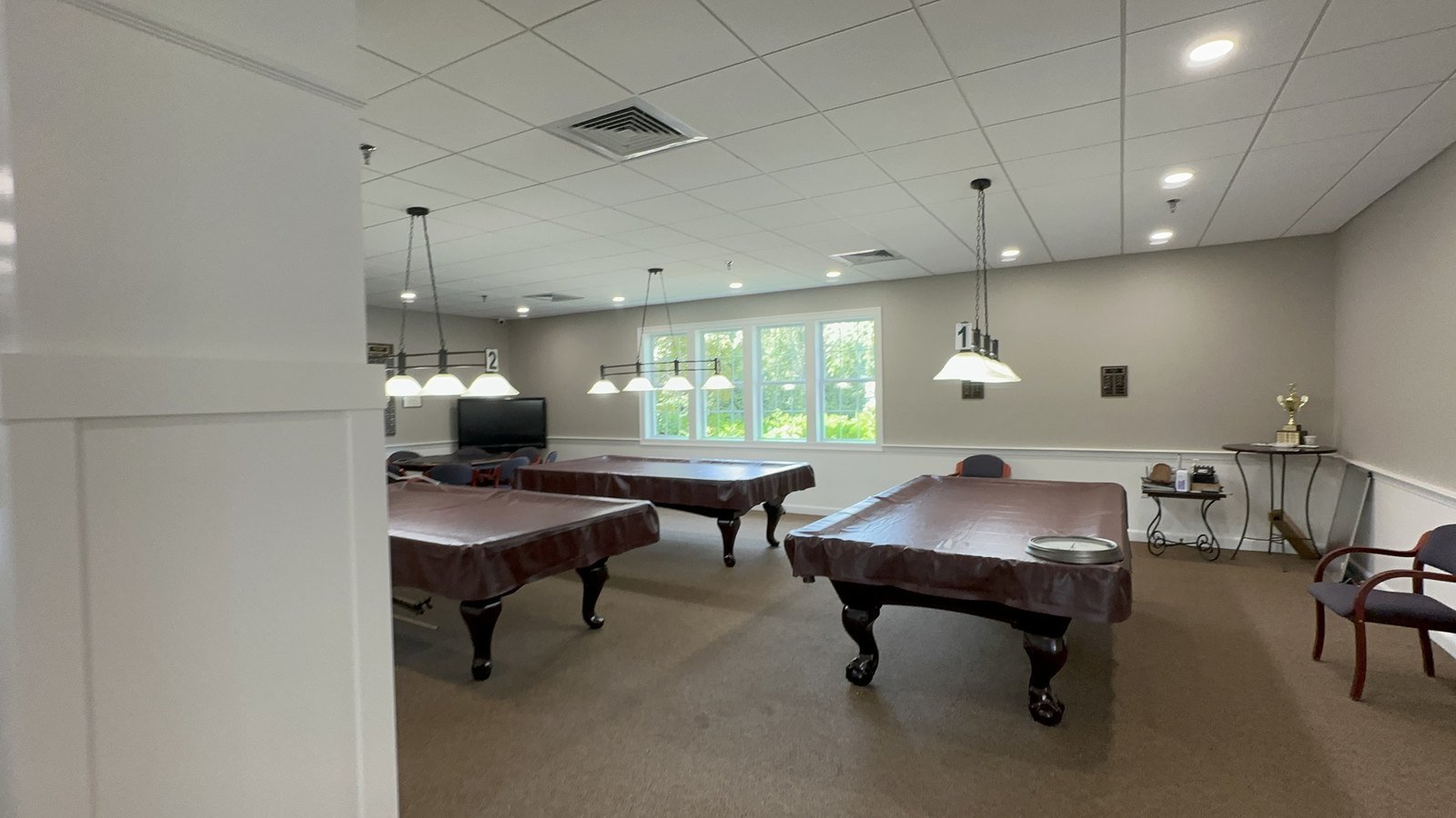 Billiards room with light gray walls and a bright white ceiling